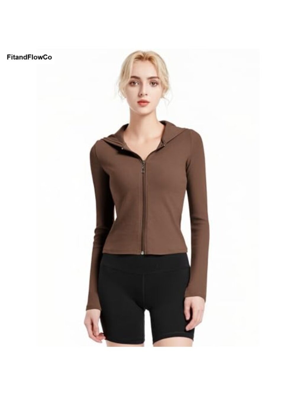 Ribbed Full Zip Cropped Hoodie Fitted Long Sleeve Cotton Blend